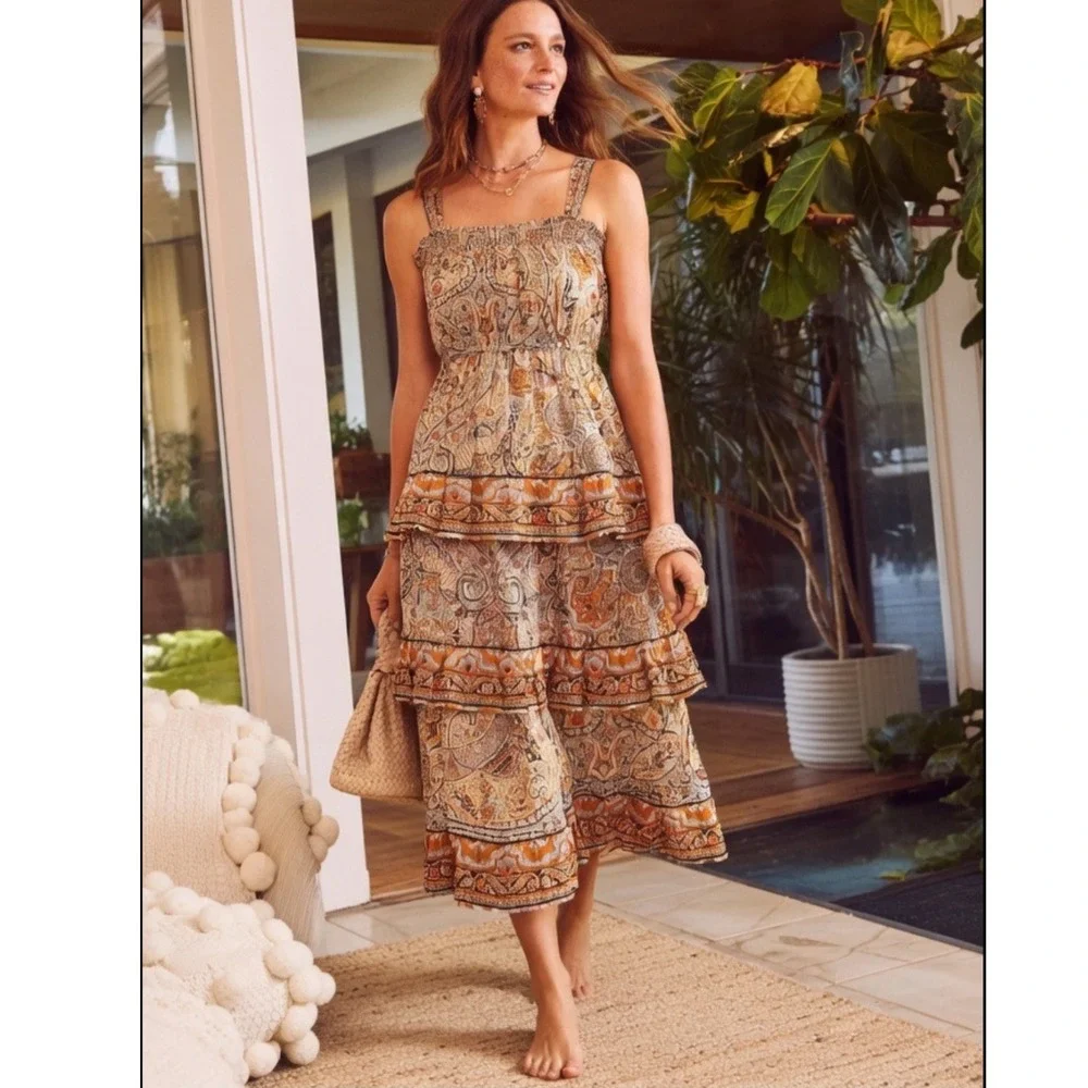 Cleobella Rosalie Midi Dress Kaleidoscope‎ Paisley Organic Cotton XS Boho Tiered